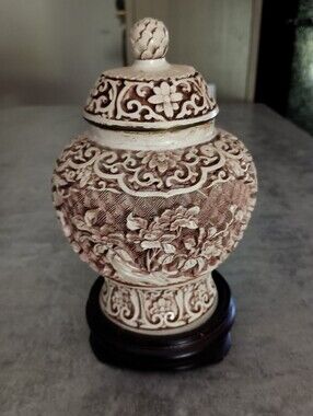 Carved Floral Ginger Jar Vase in Cream and Brown